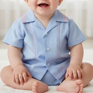 Vtg 50s Baby Boy 9-12 mo Outfit Blue 2 Piece Romper Shortalls & Shirt Set Retro